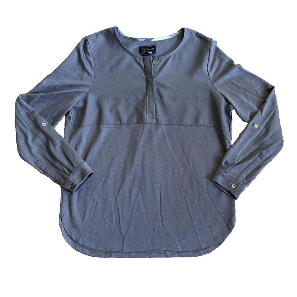 Barbour Summer Tartan Carron Top Mercury Grey Roll Back Sleeves Curved Hem US 6 - Picture 3 of 9